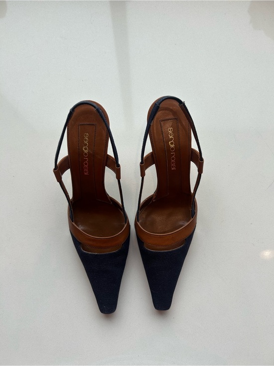 Sergio Rossi Shoes - Blue Canvas and Leather Sling back heel
